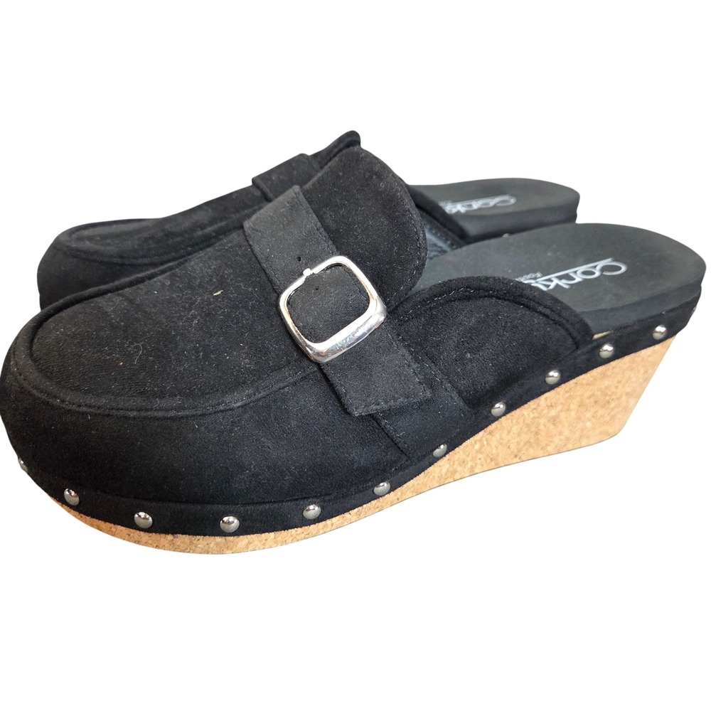 Corkys Adorable Black Studded Cork Wedge Sandals Buckle Size 7